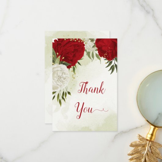 Rode bloemen groene bladeren bedankkaart (Voorkant / Achterkant in situ)