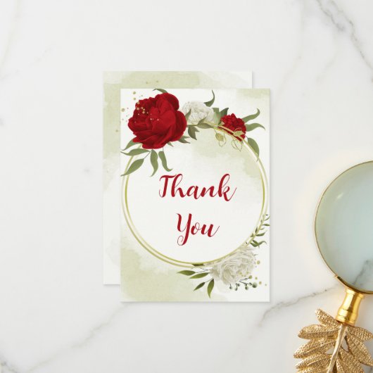 Rode bloemen groene bladeren bedankkaart (Voorkant / Achterkant in situ)