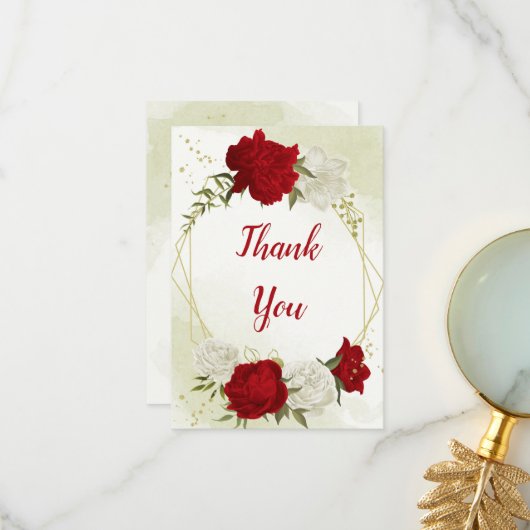 Rode bloemen groene bladeren bedankkaart (Voorkant / Achterkant in situ)