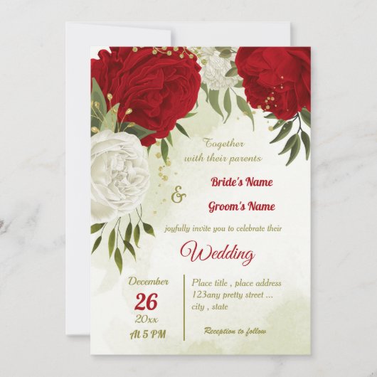 Rode bloemen groene bladeren bruiloft kaart (Voorkant)