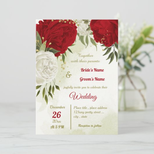Rode bloemen groene bladeren bruiloft kaart (Staand voorkant)