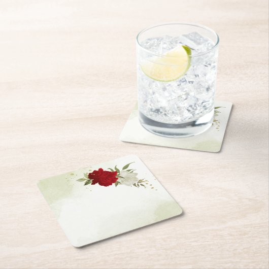 Rode bloemen groene bladeren bruiloft kartonnen onderzetters (Insitu)