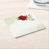 Rode bloemen groene bladeren bruiloft kartonnen onderzetters (Schuin)