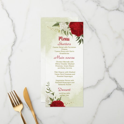 Rode bloemen groene bladeren bruiloft menu (Voorkant / Achterkant in situ)