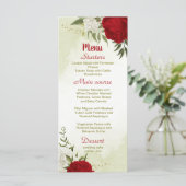 Rode bloemen groene bladeren bruiloft menu (Staand voorkant)