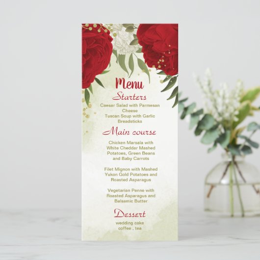 Rode bloemen groene bladeren bruiloft menu (Staand voorkant)