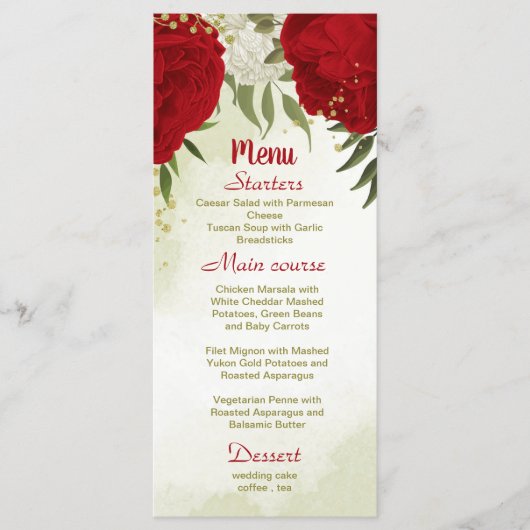 Rode bloemen groene bladeren bruiloft menu (Voorkant)