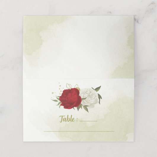 Rode bloemen groene bladeren bruiloft plaatskaartje (Buitenkant ongevouwen)