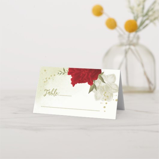 Rode bloemen groene bladeren bruiloft plaatskaartje (Voorkant)