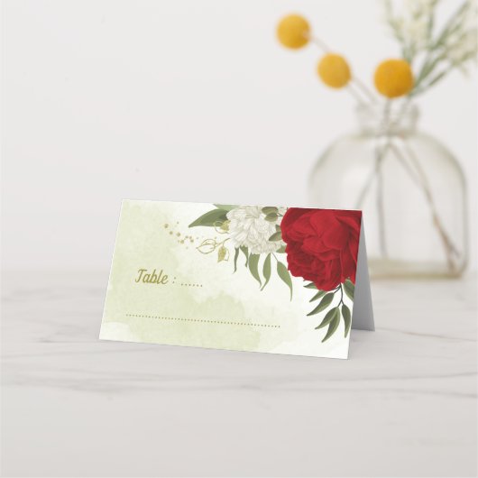 Rode bloemen groene bladeren bruiloft plaatskaartje (Voorkant)