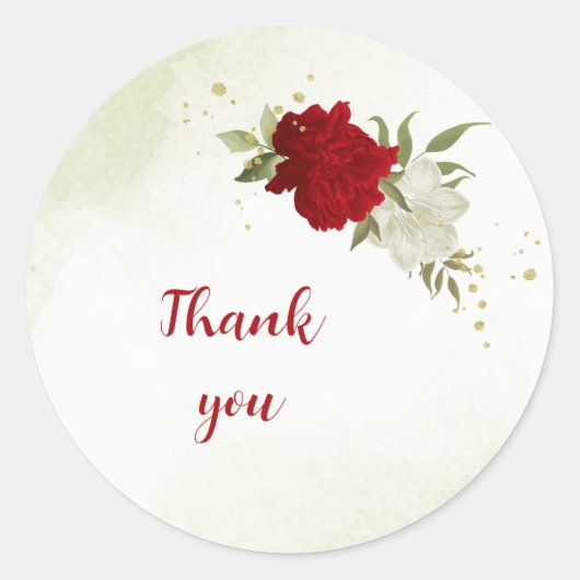 Rode bloemen groene bladeren bruiloft ronde sticker (Voorkant)