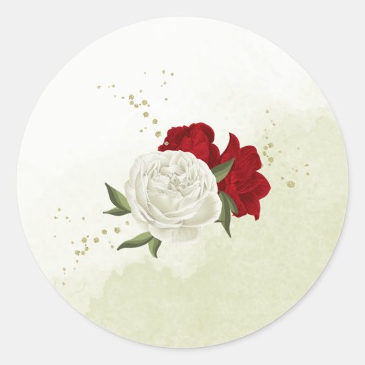 Rode bloemen groene bladeren bruiloft ronde sticker (Voorkant)