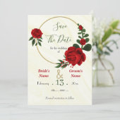 Rode bloemen groene bladeren gouden krans save the date (Staand voorkant)