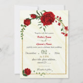 Rode bloemen groene bladeren gouden lijst bruiloft kaart (Voorkant)