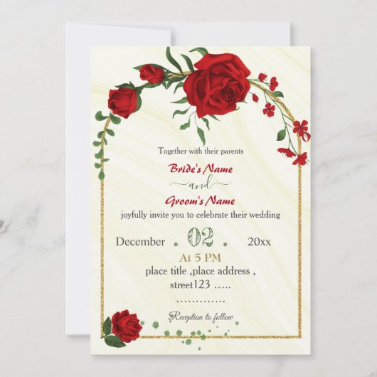 Rode bloemen groene bladeren gouden lijst bruiloft kaart (Voorkant)