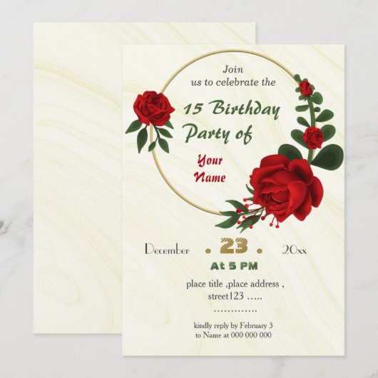 Rode bloemen groene bladeren krans verjaardag kaart (Voorkant / Achterkant)