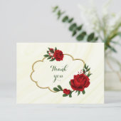 Rode bloemen groene bladeren op goud lijst bedankkaart (Staand voorkant)