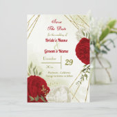 Rode bloemen groene bladeren save the date (Staand voorkant)