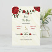 Rode bloemen groene bladeren save the date (Staand voorkant)