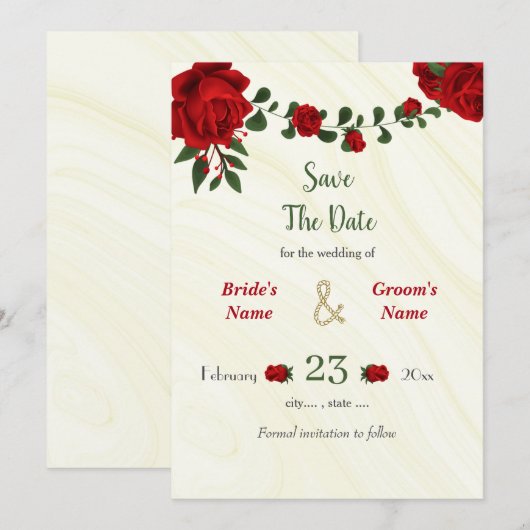 Rode bloemen groene bladeren save the date (Voorkant / Achterkant)
