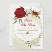 Rode bloemen groene bladeren save the date (Voorkant)