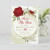 Rode bloemen groene bladeren save the date (Staand voorkant)