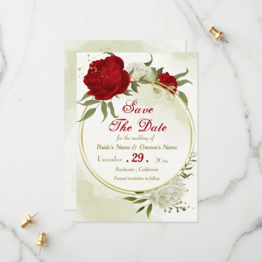 Rode bloemen groene bladeren save the date (Voorkant / Achterkant in situ)