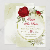 Rode bloemen groene bladeren save the date (Voorkant / Achterkant)