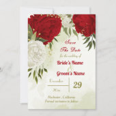 Rode bloemen groene bladeren save the date (Voorkant)