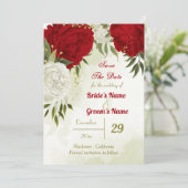 Rode bloemen groene bladeren save the date (Staand voorkant)