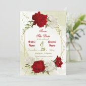 Rode bloemen groene bladeren save the date (Staand voorkant)