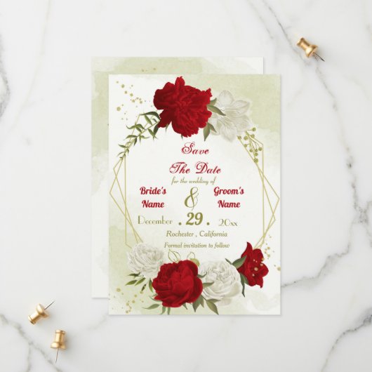 Rode bloemen groene bladeren save the date (Voorkant / Achterkant in situ)