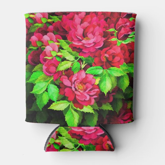 Rode bloemen Groene bladeren Schilderen Blikjeskoeler (Voorkant)