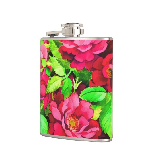 Rode bloemen Groene bladeren Schilderen Heupfles (Links)