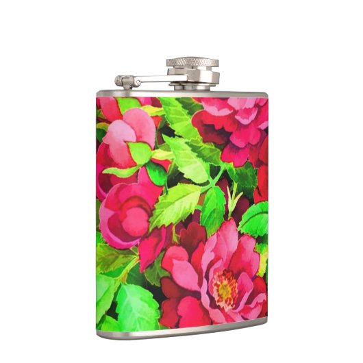 Rode bloemen Groene bladeren Schilderen Heupfles (Rechts)