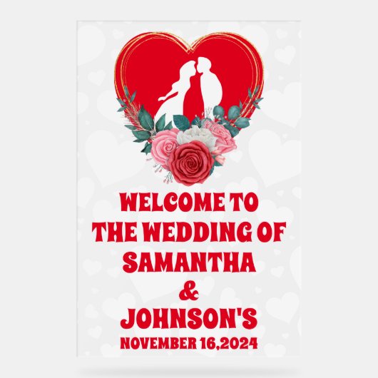 Rode Bloemen Hart Huwelijk Welkom Frosted Acryl Bord (Voorkant)