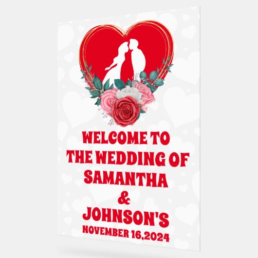Rode Bloemen Hart Huwelijk Welkom Frosted Acryl Bord (Hoek)