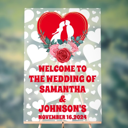 Rode Bloemen Hart Huwelijk Welkom Frosted Acryl Bord (Neutraal)