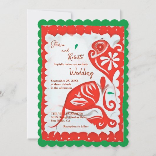 Rode Bloemen Hart Papel Picado Mexicaanse bruiloft Kaart (Voorkant)