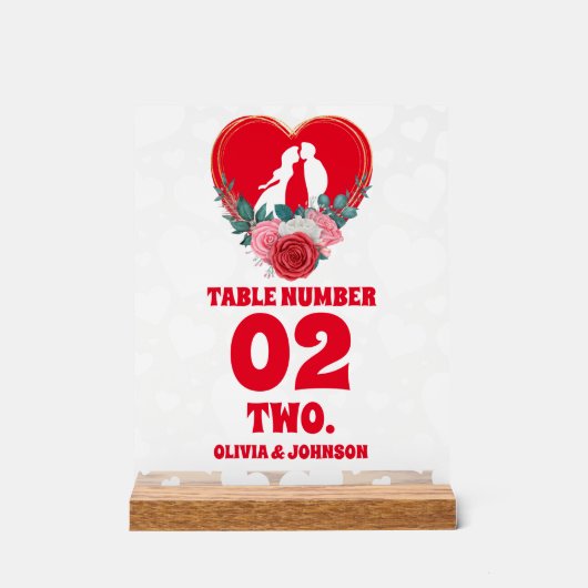 Rode Bloemen Hart Trouwtafel Nummer Frosted Acryl Bord (Voorkant)
