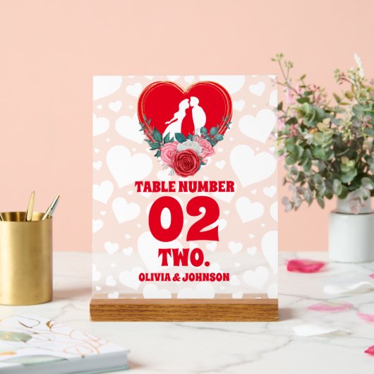 Rode Bloemen Hart Trouwtafel Nummer Frosted Acryl Bord (Huwelijk)