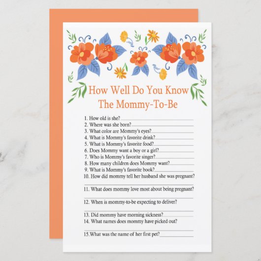 Rode bloemen Hoe goed ken je baby shower spel? (Voorkant / Achterkant)