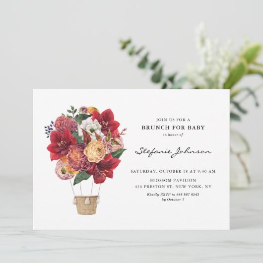 Rode Bloemen Hot Air Balloon Baby Shower Brunch Kaart (Staand voorkant)