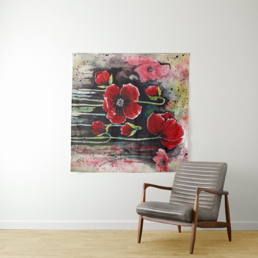 Rode bloemen in de Waterverf Wandkleed (In Situ (horizontaal))