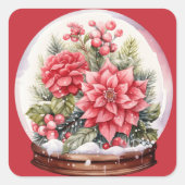 Rode bloemen in een sneeuwbol vierkante sticker (Voorkant)