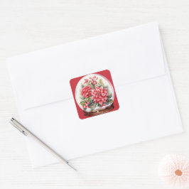 Rode bloemen in een sneeuwbol vierkante sticker