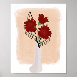 Rode Bloemen in Vaas Handgetekende Kunst Poster