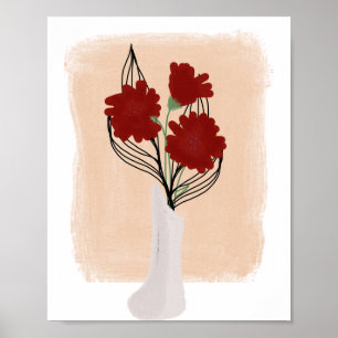 Rode Bloemen in Vaas Handgetekende Kunst Poster