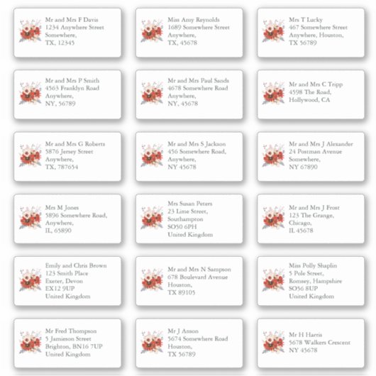 Rode Bloemen Individuele Bruiloft Gast Naam Adres Sticker (Voorkant)
