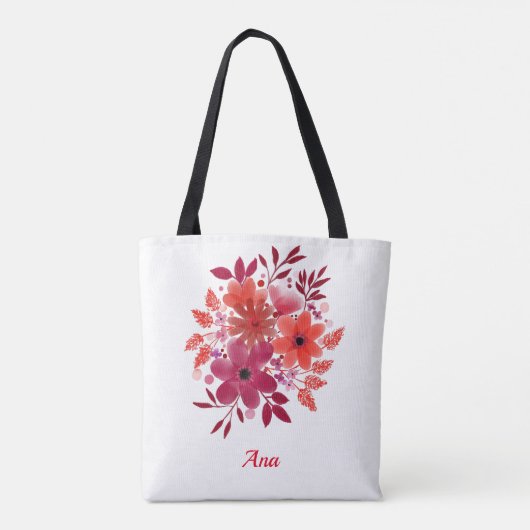 Rode bloemen jouw naam canvas tas (Achterkant)